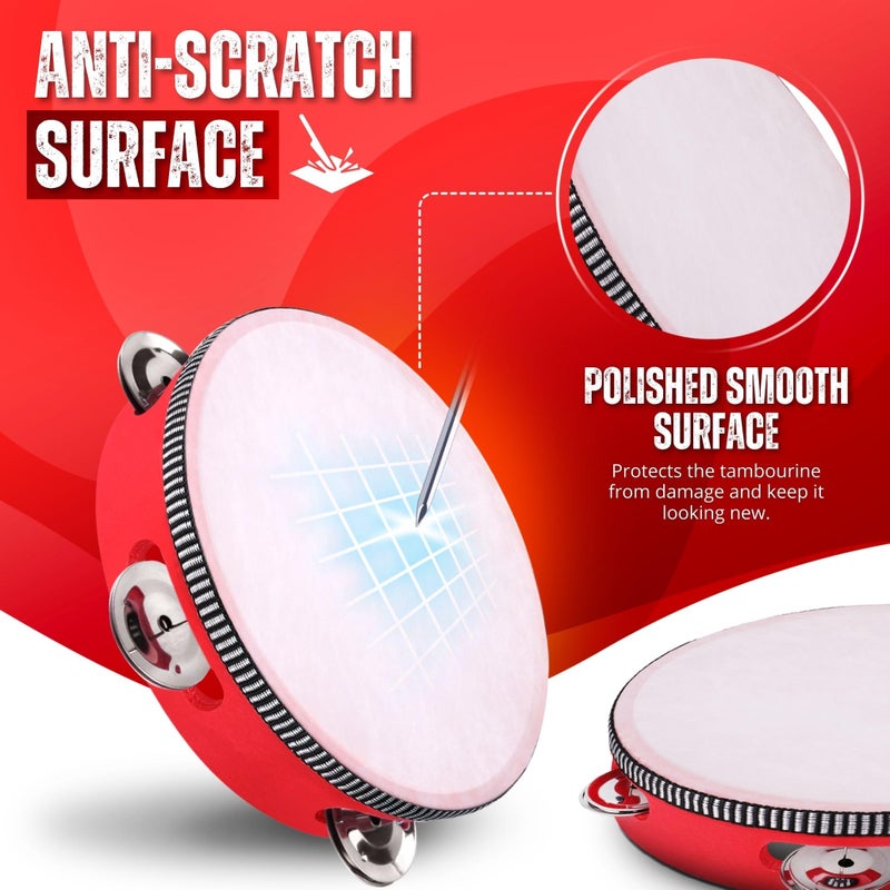 Flexzion Wooden Round Tambourine for Adults 6" Inch Single Row 8 Pair Jingles, Red Handheld Percussion Instrument for Beginner and Professional Tambourine Player - Image 2